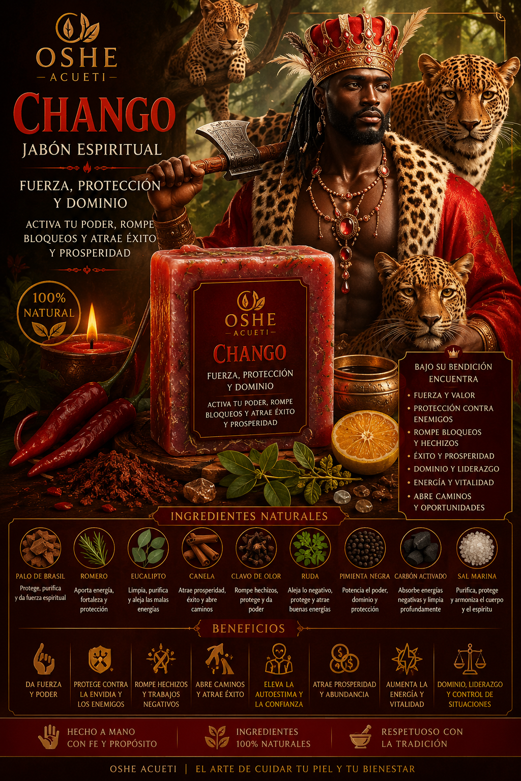 Jabon espiritual OSHE ACUETI Chango fuerza dominio energia