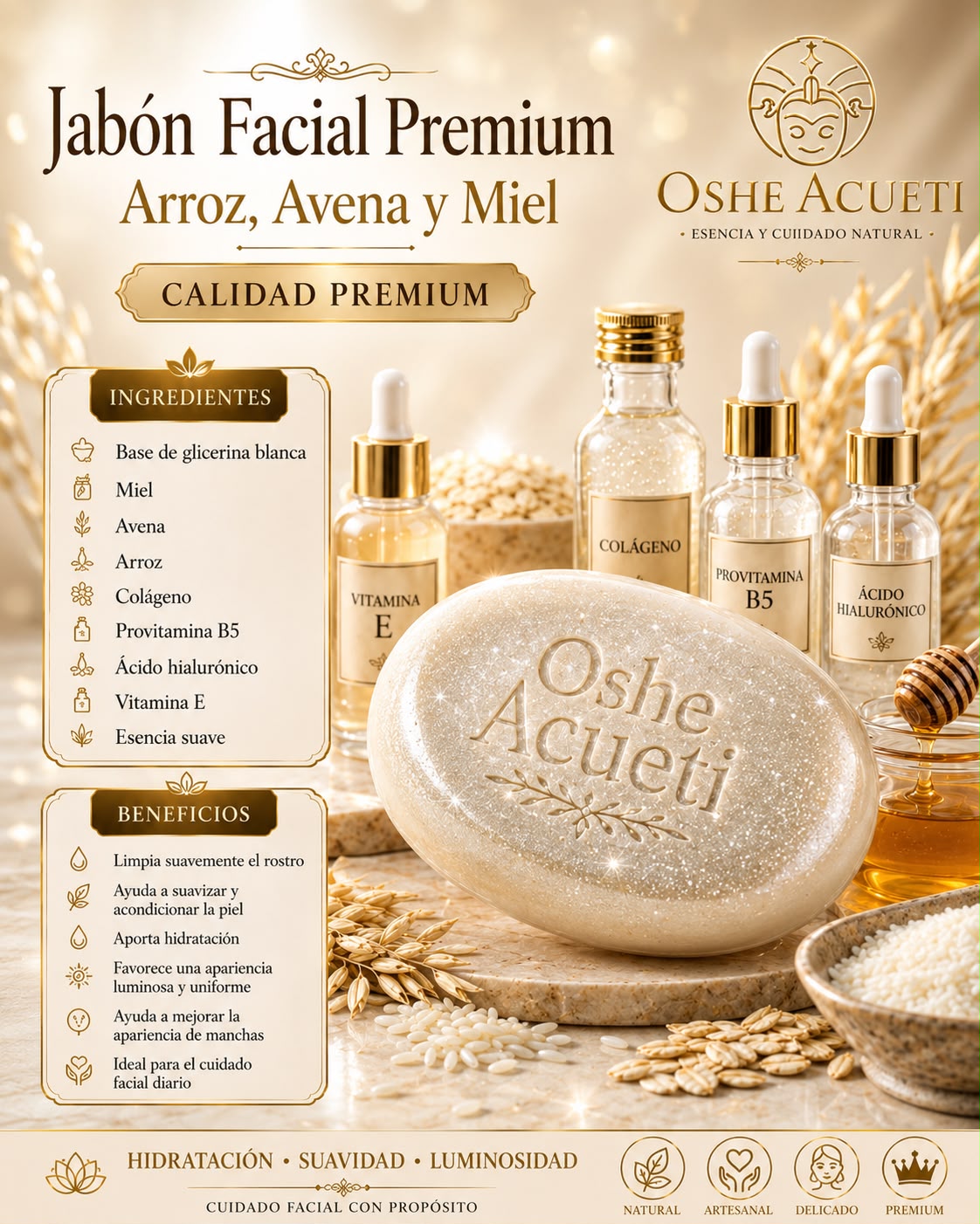 Jabón Facial Premium OSHE ACUETI de arroz, avena y miel