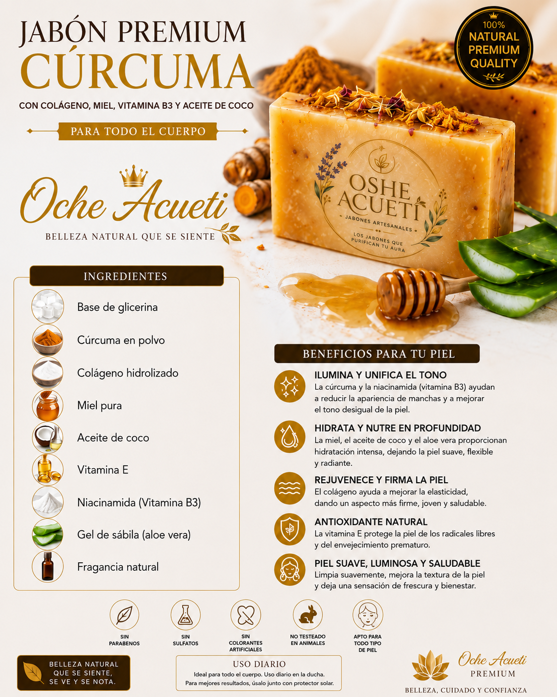 Jabón corporal premium OSHE ACUETI de cúrcuma, miel y aloe vera